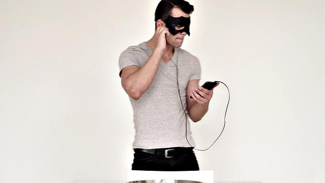 Masked handsome guy wanks hard dick in the kitchen