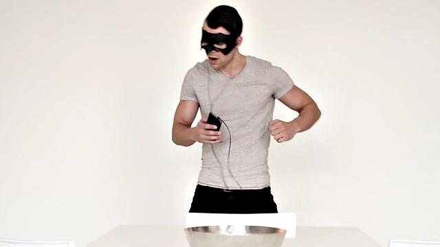 Masked handsome guy wanks hard dick in the kitchen