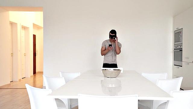 Masked handsome guy wanks hard dick in the kitchen