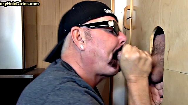 Real gloryhole DILF jerks BFs cock at home