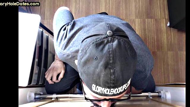 Real gloryhole DILF jerks BFs cock at home