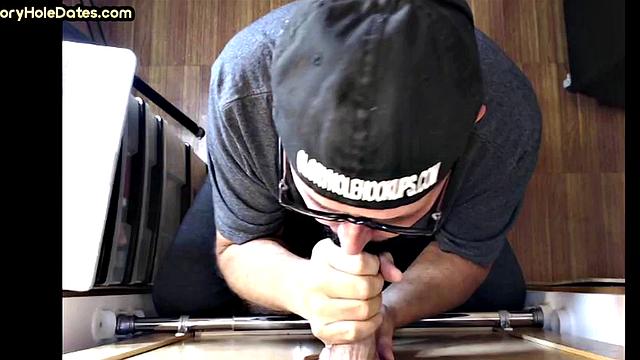 Real gloryhole DILF jerks BFs cock at home