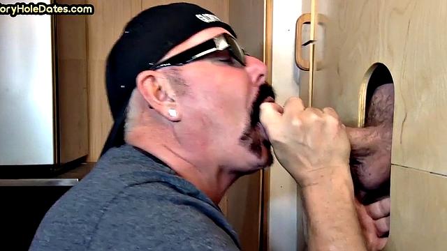 Real gloryhole DILF jerks BFs cock at home