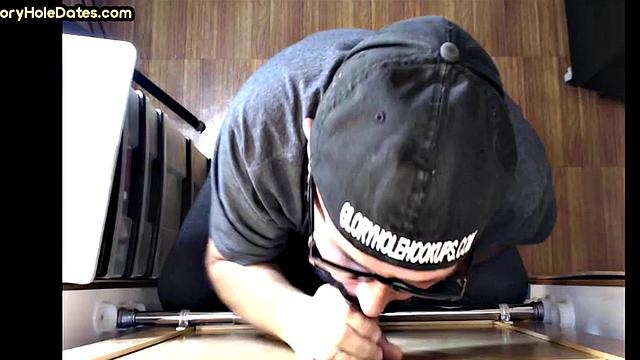 Real gloryhole DILF jerks BFs cock at home