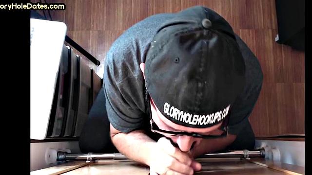 Real gloryhole DILF jerks BFs cock at home