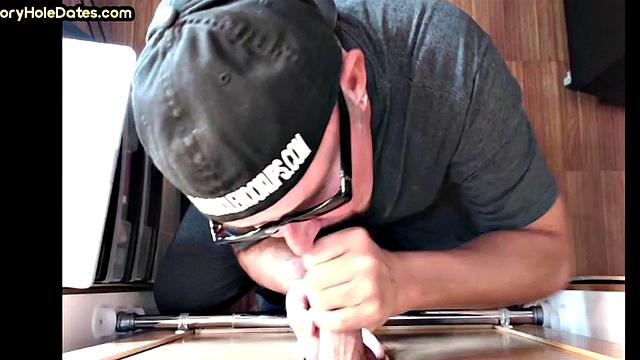 Real gloryhole DILF jerks BFs cock at home