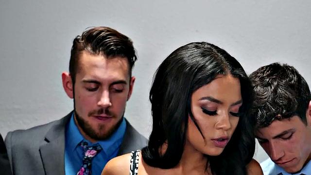 Bisex Asian babe fucked in public elevator 3some