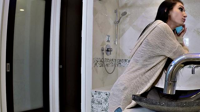 Naughty chick fucks the handyman while getting her tight pussy pounded from behind