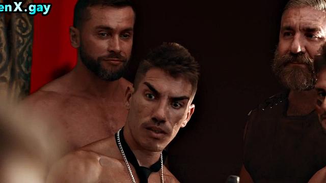 Muscular warrior deep throating king before barebacking