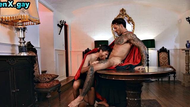 Muscular warrior deep throating king before barebacking