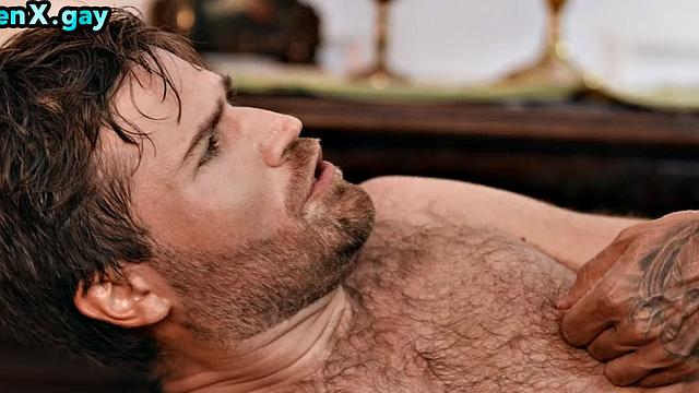 Muscular warrior deep throating king before barebacking