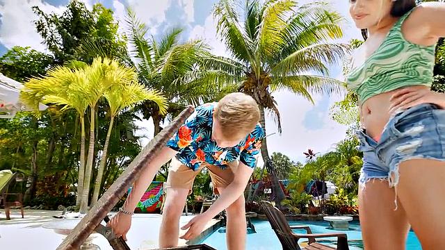 Bikini beauty host 3some