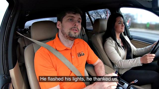 Public car babe dick riding during erotic driving lesson