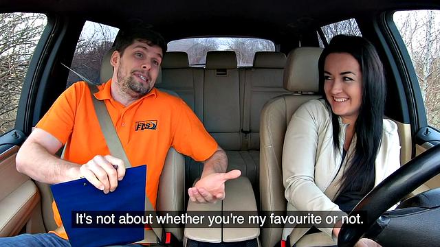 Public car babe dick riding during erotic driving lesson