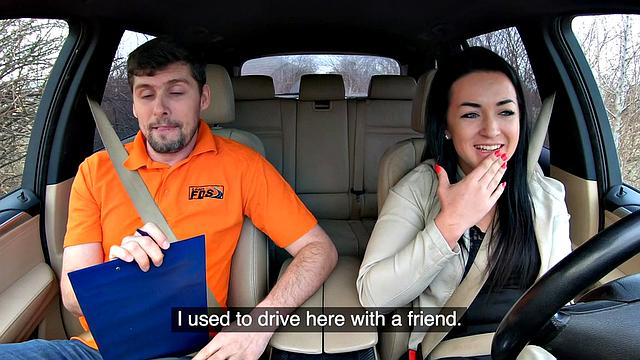 Public car babe dick riding during erotic driving lesson