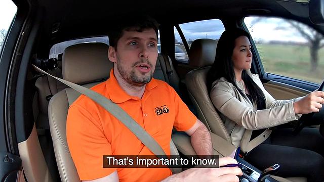 Public car babe dick riding during erotic driving lesson