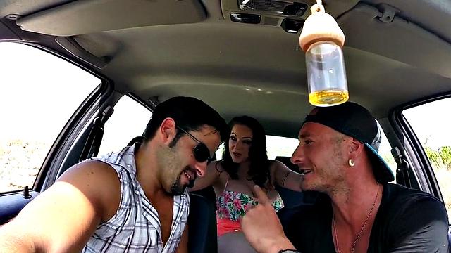 Tattooed MILF gets her big tits and wet pussy pounded in hot outdoor 3some action