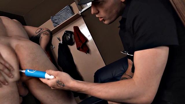 Police officer toying and rimming in the prison