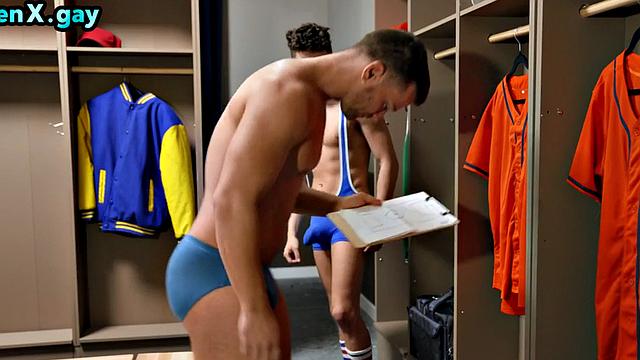 Gay big cock wrestler fucks coach in locker room