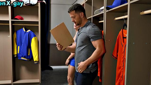 Gay big cock wrestler fucks coach in locker room