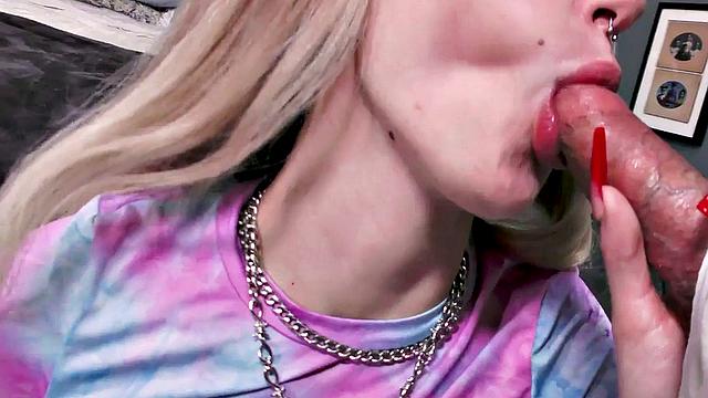 Big buxom POV babe with septum piercing sucks before fucked