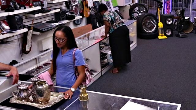 Facial loving pawnshop girl fucked in doggystyle in POV