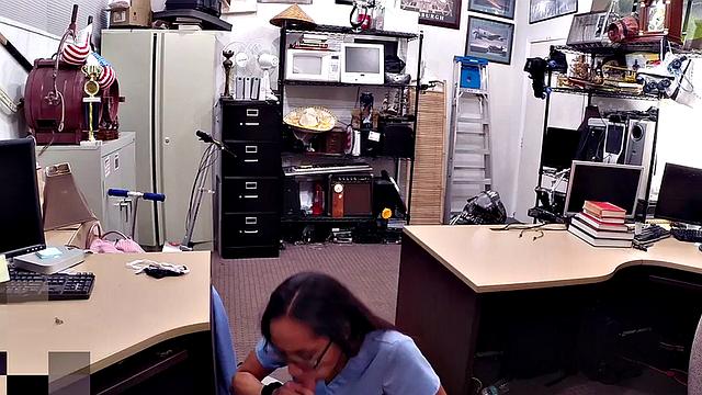 Facial loving pawnshop girl fucked in doggystyle in POV