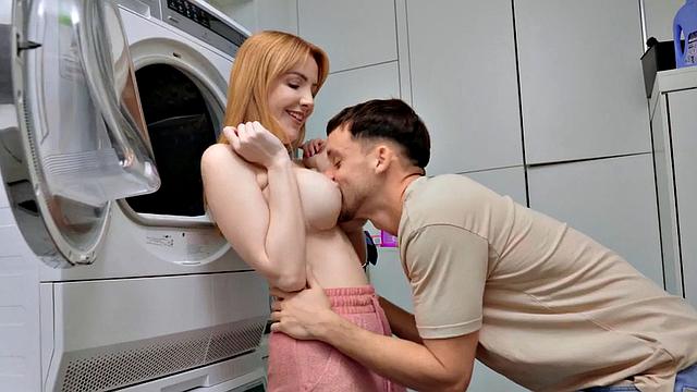 Short guy fucks redhead messy babe in the laundry room