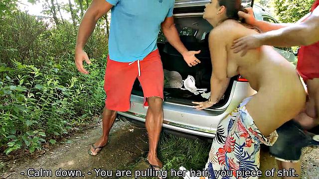 HUNT4K. Curvy chick with juicy tits has sex with stranger in front of boyfriend