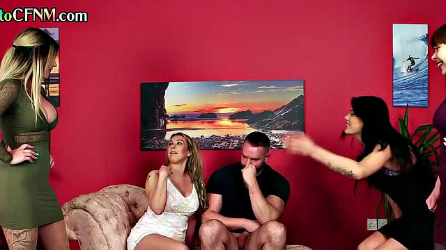 Classy British dominas give group BJ and HJ session