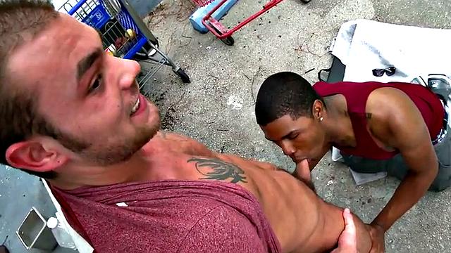Cocksucking Black stud picked up and banged outdoors by white