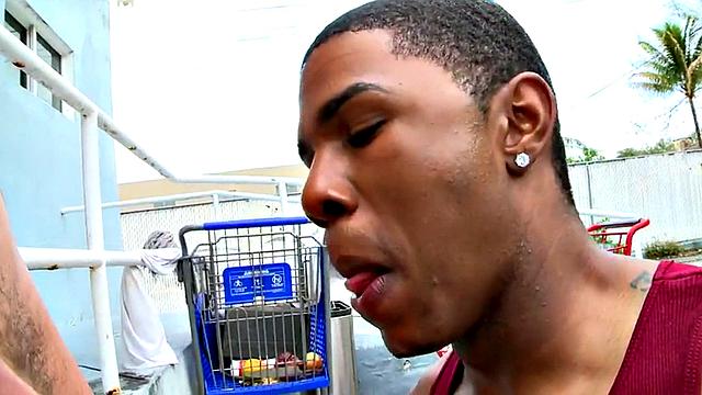 Cocksucking Black stud picked up and banged outdoors by white