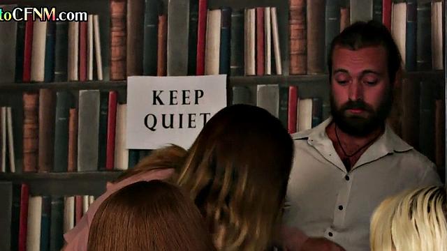 CFNM booklovers giving handjob to a best seller