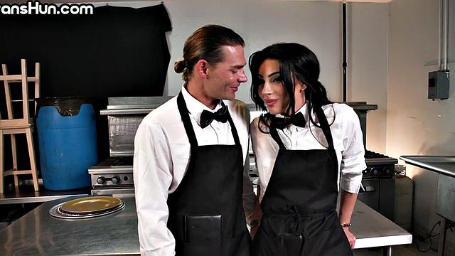 Stunning TS barebacked in kitchen before reverse fuck