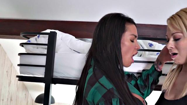 Big titted hostel babes banged in 3some doggystyle