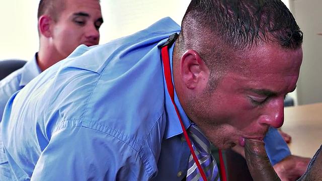 Boss in office threesome with bottomless babe gets drilled in interracial office sex