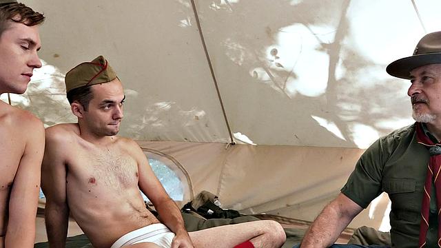 Old scout bareback fucks twinks in group outdoor sex in tent
