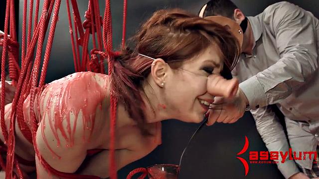 Dominated babe gagging on cock