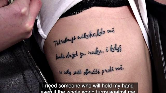 Inked european beauty sucking during POV sex in missionary