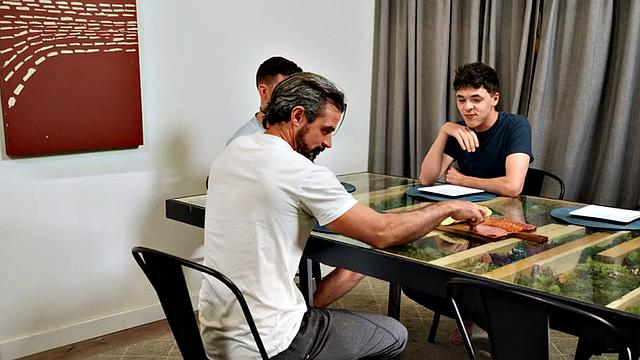 Dirty gay studs love threeway in anal hole