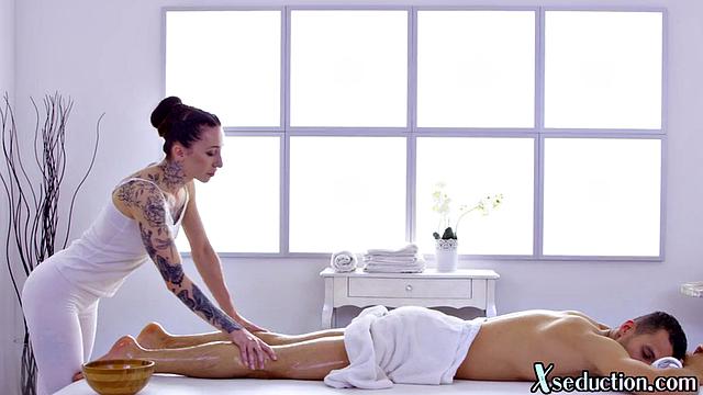 Inked masseuse doggyfucked by client