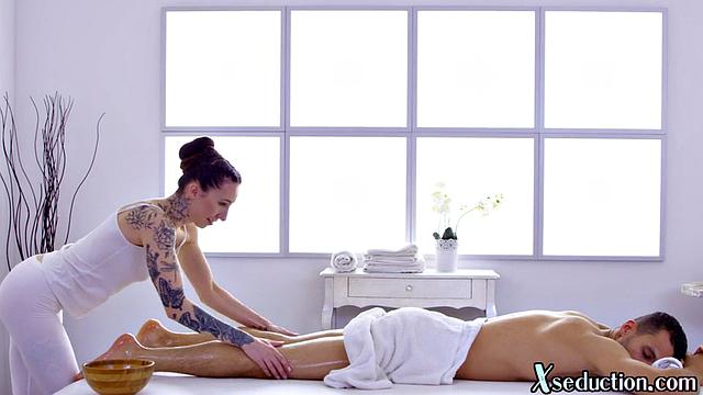 Inked masseuse doggyfucked by client