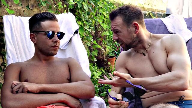 Outdoor pool foursome with tattooed babe & her lover ends in a hot facial