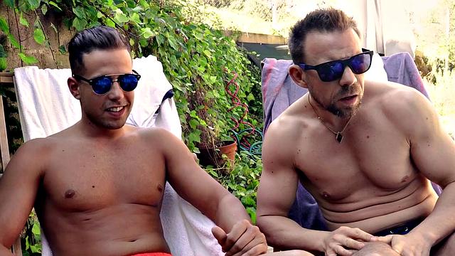 Outdoor pool foursome with tattooed babe & her lover ends in a hot facial