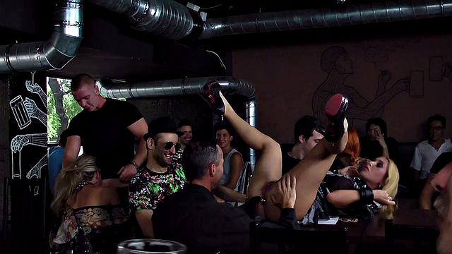 Public subs sucking in group before anal toying