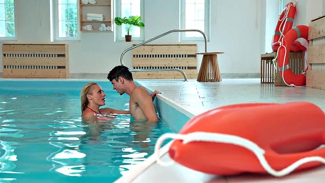 Blonde MILF deepthroating underwater