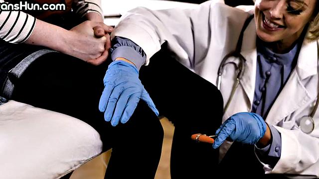 TS fucks mature nurse in 3some with trans babe