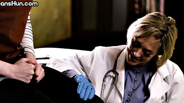 TS fucks mature nurse in 3some with trans babe