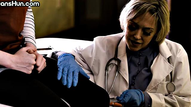 TS fucks mature nurse in 3some with trans babe