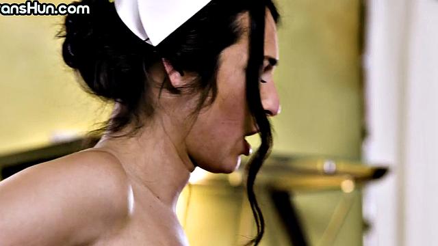 TS fucks mature nurse in 3some with trans babe